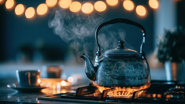 Vintage metal kettle steaming on gas stove burner in cozy kitchen with warm bokeh light background and blurred mug and candle on marble countertop