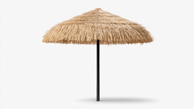 Thatched beach umbrella with black pole isolated.