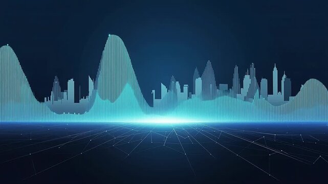 Elegant smooth golden and blue topographic wave lines undulating on a clean presentation backdrop, copy space.