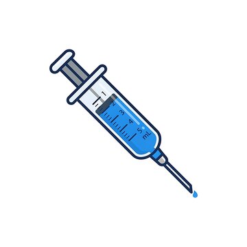 Vector illustration of a medical syringe filled with blue vaccine liquid and a small drop on white background