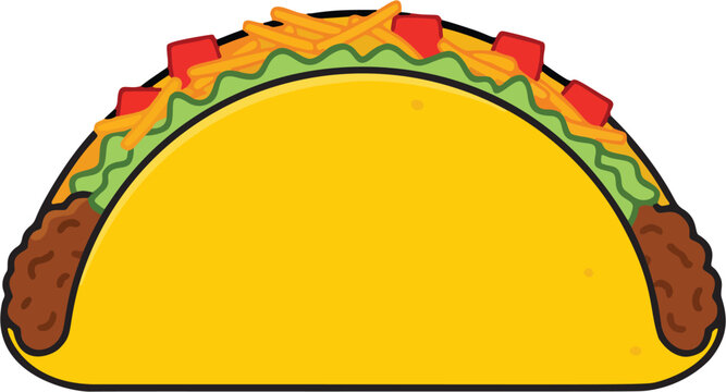 Taco icon in flat design style, crispy shell filled with ground beef lettuce tomato and cheese, Mexican fast food vector illustration on white background