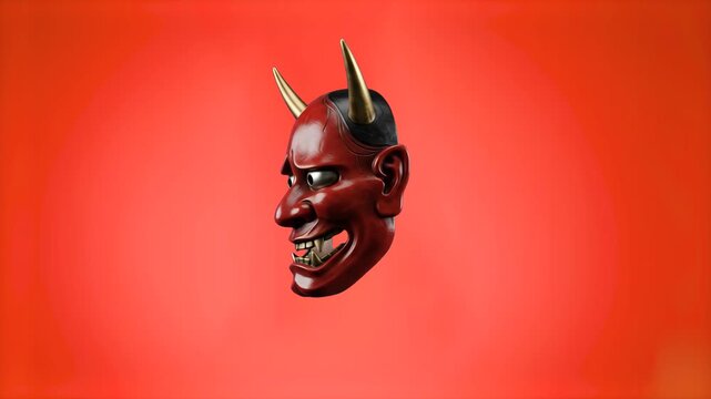 High-contrast 3D model of a red and black horned Japanese Hannya mask (oni demon), set against a vibrant solid red background. Perfect for Japanese culture documentaries, anime-inspired promos, tattoo