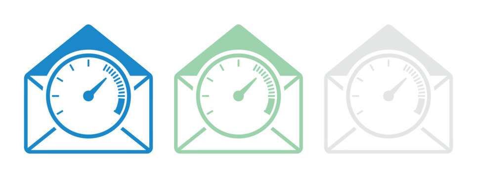 Email speed test icons showing message delivery performance with gauge meters inside open envelopes in blue green and grey colors for web design on transparent background