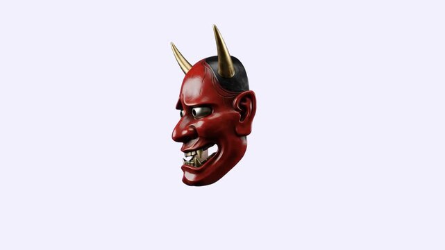 A detailed 3D model of a red Japanese Hannya mask featuring golden horns, sharp fangs, and a fierce expression, isolated on a clean white background. Ideal for Japanese folklore documentaries, martial