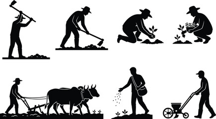 Traditional farming silhouettes with farmers planting seeds and cultivating soil © Monteza