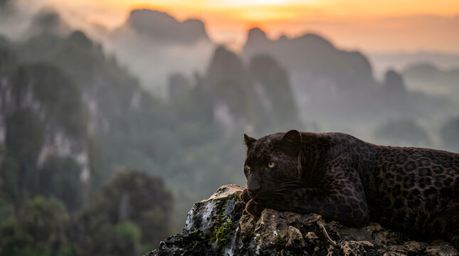 melanistic javan leopard laying down on karst mountain area
