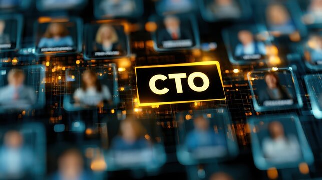 A digital network interface showing the acronym "CTO" surrounded by blurred male and female avatars, symbolizing Chief Technology Officer roles in a tech-driven environment.