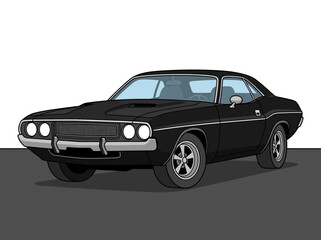 Naklejka premium Classic Black Muscle Car Vector Illustration - 1970s Retro Sports Coupe