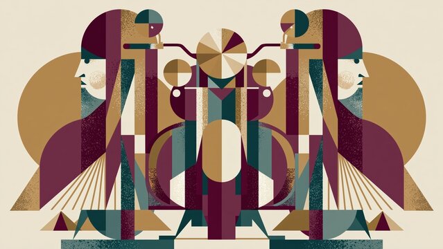 Symmetrical geometric illustration of twin motorcyclists facing opposite outside directions.