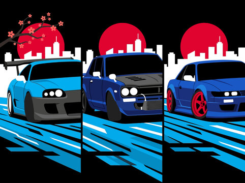 JDM Performance Car Vector Art with Japanese Cityscape and Red Sun Background