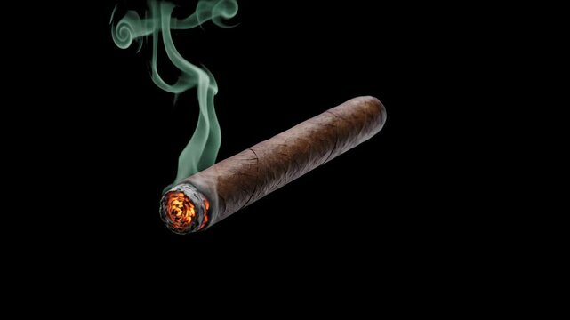 A lit Cuban cigar with glowing ash tip floating diagonally against a dark background while green smoke curls upward. Suitable for luxury lifestyle concepts, retro gangster aesthetic videos, and tobacc