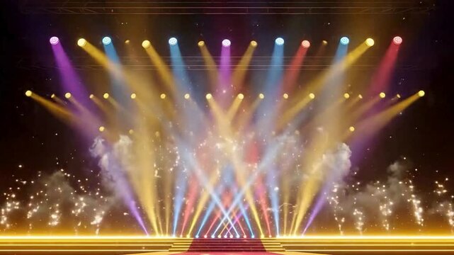 Stage concert lighting with colorful beams and spotlights on empty venue show performance music