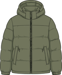 Khaki green quilted winter puffer jacket vector illustration with hooded drawstring collar and front zipper technical clothing apparel © MSTRAZINA