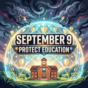 School building protected by a glowing dome against a stormy sky for educational awareness campaigns and safety concepts.