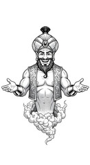 Fototapeta premium Smiling Genie Illustration Emerging from Smoke Transparent Background