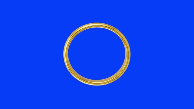 A classic, shiny golden metal band ring rotates slowly in a seamless 3D loop. This elegant jewelry asset is isolated on a chroma key blue screen.