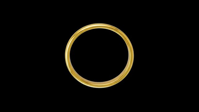 A clean 3D render of a smooth, polished gold ring or metallic circular hoop rotating against a solid black background. Perfect for luxury branding, geometric frame templates, jewelry store ads, and el