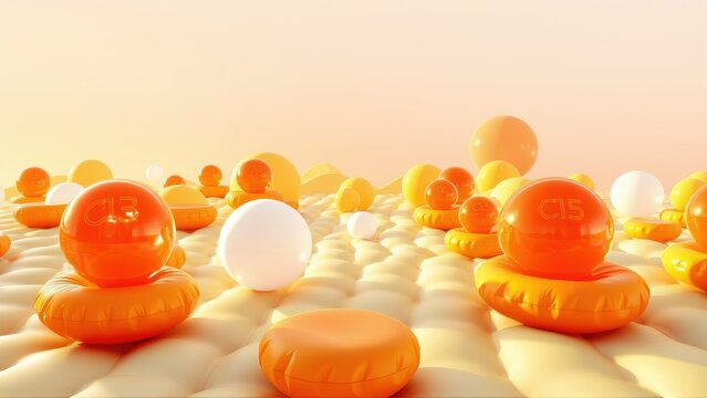 Orange spheres rest upon textured surface. Labels indicate C13, C15. Warm tones dominate composition, creating abstract landscape.