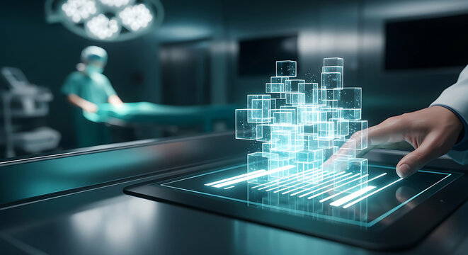 Innovative healthcare digital hipaa technology and medical data security interface being used by a surgeon in a futuristic hospital operating room