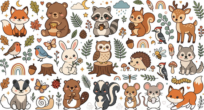 Cute Woodland Animals Vector Clipart Set with Fox Bear Raccoon Deer and Owl Elements for Autumn Nursery Decor and Kids Crafts