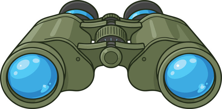 Military green tactical binoculars vector illustration with glossy blue coated optical glass lenses for outdoor travel exploration