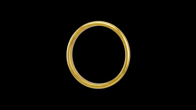 A clean 3D render of a smooth, polished gold ring or metallic circular hoop rotating against a solid black background. Perfect for luxury branding, geometric frame templates, jewelry store ads, and el