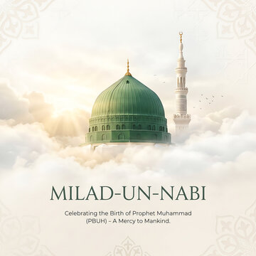 Milad un nabi celebration with mosque dome above clouds with depicts serene scene green domed mosque rising above fluffy white clouds tall white minaret right
