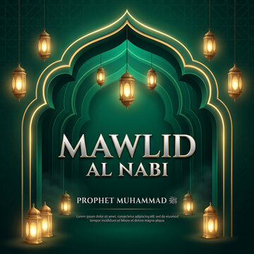 Mawlid al nabi celebration background with lanterns with prophet muhammad festive gold background hanging depicts vibrant green Decorative with lanterns text