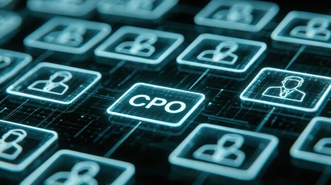 A digital network interface displays multiple user icons connected to a central CPO node, symbolizing Chief Procurement Officer or related network concepts.