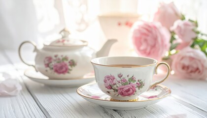Fototapeta premium Elegant Vintage Teaset Ceramic showing a Delicate Porcelain Teapot Rimmed Cup and Pink Rose Petals for Shabby Chic Brunches