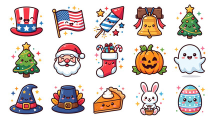 Fototapeta premium A festive holiday scene with icons of Christmas tree, Santa Claus, pumpkin, ghost, and Easter egg.