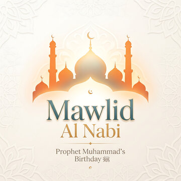 Mawlid al nabi celebration background with set against beige background intricate designs featuring mosque silhouette crescent moons digital illustration celebrating