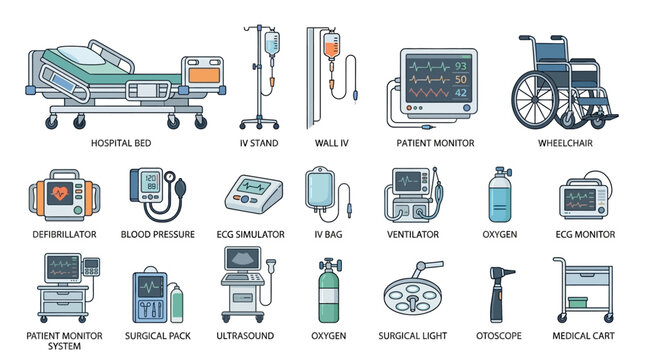 Medical equipment and devices are arranged on a hospital table and floor.