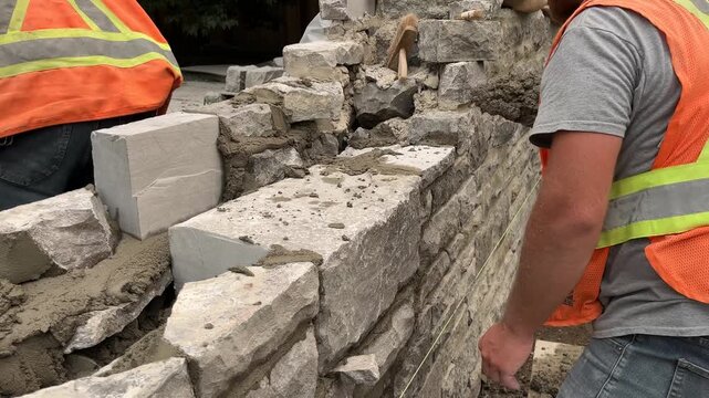 Masons building natural stone wall with wet mortar