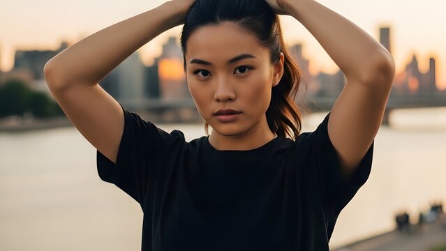 Young Athletic Asian Woman Preparing for Urban Workout at City Sunset