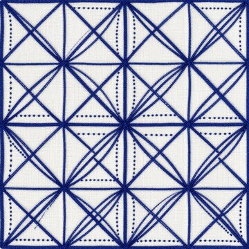 Seamless asanoha hemp-leaf sashiko geometric pattern in bold indigo on ivory, wide spacing, chunky hand-stitch look, folk textile flat vector illustration
