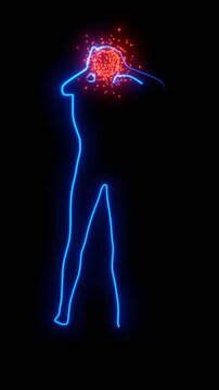 Unhappy woman hug her head, thinking about problems. Brain damage, cognitive disfunction. Alzheimer's disease. A woman with red glowing brain. Head ache.