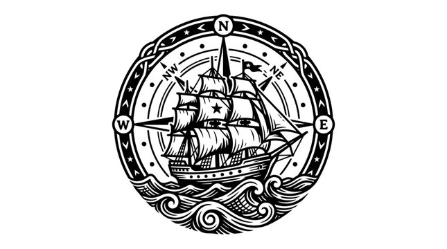 Vintage Sailing Ship Emblem with Compass Rose and Waves