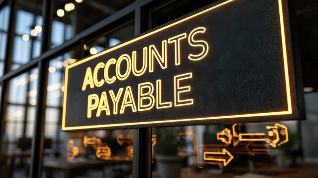 A glowing sign displaying "Accounts Payable" is seen in a modern office environment with glass windows and blurred background details.