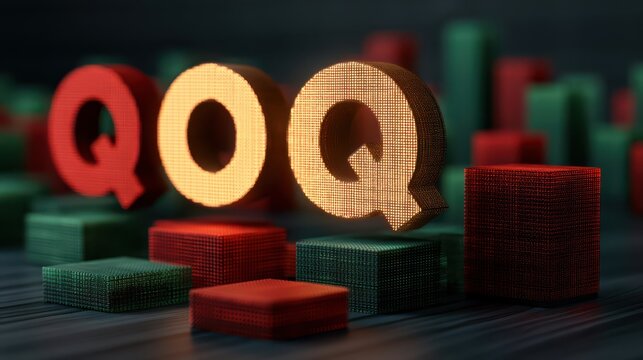 3D-rendered letters "Q" and "O" with glowing pixelated texture, surrounded by colorful pixelated cubes on a dark surface.