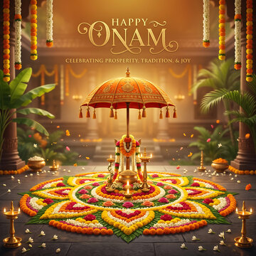 Vibrant onam celebration with floral rangoli with decorations beautifully adorned traditional Indian decorations depicts festive onam celebration colorful