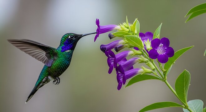 Vibrant sparkling violet-ear hummingbird hovering in flight while sipping nectar from purple flowers in natural outdoor environment