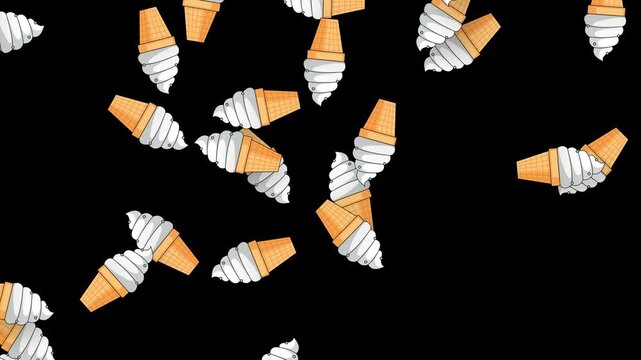 Animated Soft Serve Ice Cream Cones Falling Against Black Background