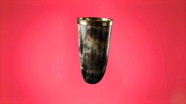 Vibrant 3D render of a polished horn drinking cup with a golden brass rim, set against a bright solid red background. Perfect for medieval feast trailers, historical documentary overlays, fantasy game