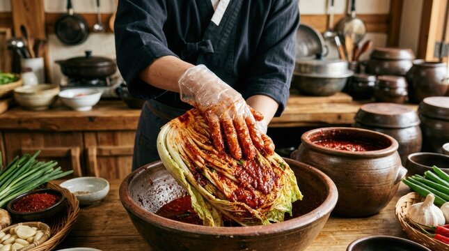 A chef's hands generously coating each layer of napa cabbage with a vibrant red kimchi paste made of gochugaru (Korean chili flakes), garlic, ginger, and fish sauce.