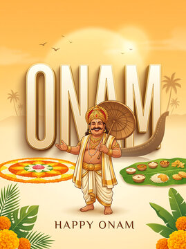 Traditional onam celebration with man in white with surrounded festive elements celebration scene featuring attire standing front depicts vibrant onam