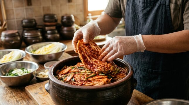 A chef's hands placing a salted cabbage leaf into a large kimchi container, the leaf coated in red paste, the layers building. The chef's hands are steady, the kimchi is ready for fermentation.