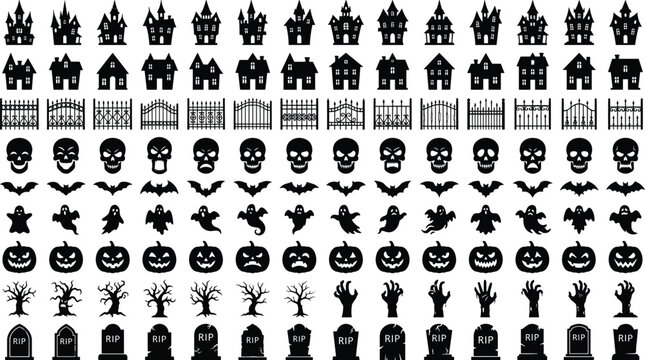 Large bundle of black Halloween silhouette icons including haunted houses skulls bats ghosts pumpkins dead trees and tombstones isolated on white vector