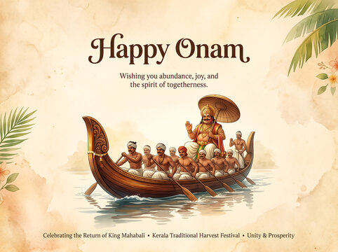 Happy onam wishes with traditional boat with depicts vibrant Onam celebration large wooden boat carrying crew men prominent figure set against warm beige background palm leaves