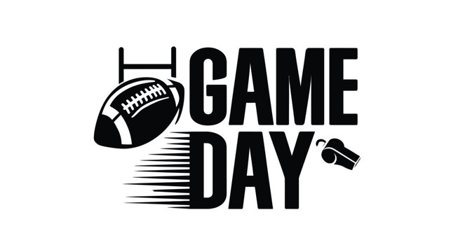 Gameday graphic displays a bold black typeface paired with a football icon and a referee whistle to represent the intense atmosphere of an organized American football sporting event or league.